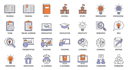 Fototapeta premium Education and E-Learning Icon Set with Labels — Flat Vector Representing Study, Knowledge, and Digital Learning Concepts