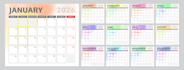 Colorful 2026 Calendar Design with Different Color for Every Month