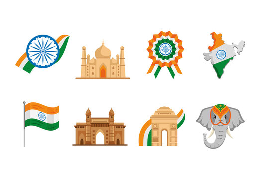 Green and Yellow Indian Independence Day Illustrations Set