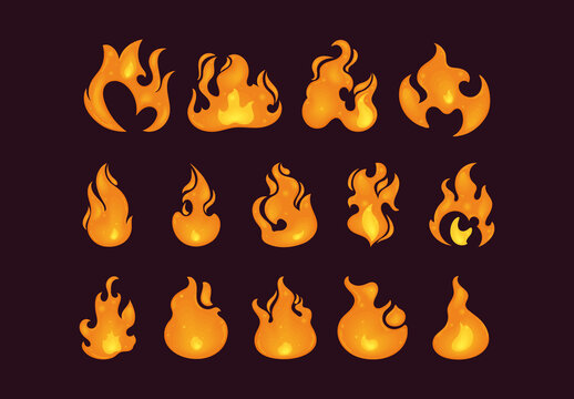 Orange And Yellow Flame Fire Burning Illustrations Set