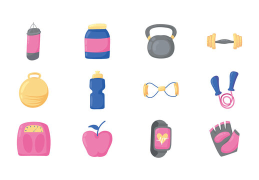 Pink And Blue Gym Fitness Equipment Training Illustrations Set