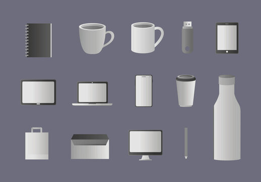 Grey Mockup Device Branding Office Stationery Illustrations Set