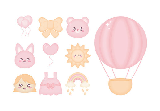 Pink Baby Girl Cute Dress Bear Balloon Illustrations Set