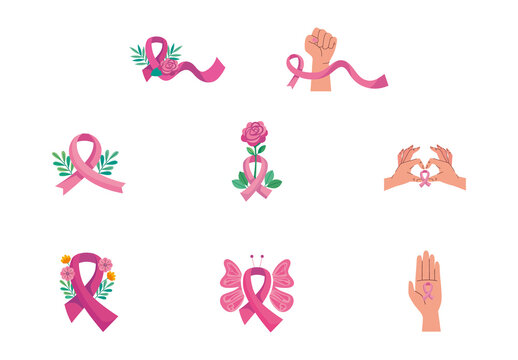 Pink Breast Cancer Awareness Ribbon Floral Illustrations Set