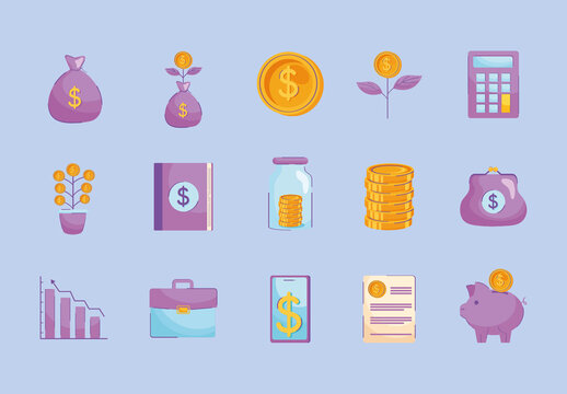 Purple Saving and Investing Money Illustrations Set