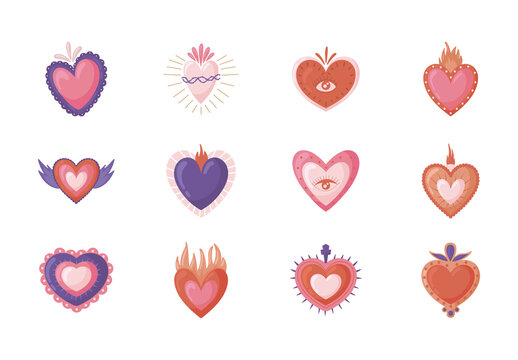 Colorful Hearts Sacred Love Romance Vintage Illustrations Set