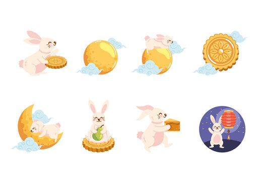 Yellow and Blue Mid Autumn Festival Illustrations Set