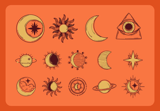 Yellow And Brown Astrology Moon Sun Planet Illustrations Set