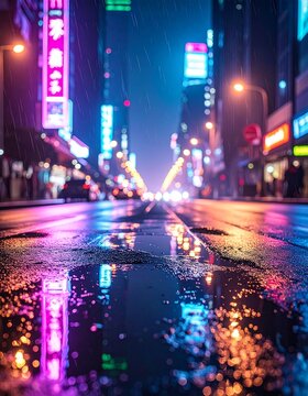 Night city street with neon reflections on wet asphalt, cinematic lighting, bokeh background, futuristic urban atmosphere, realistic tones.
