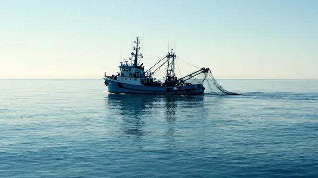 Fishing Boat Navigating Serene Blue Waters at Dawn with Nets and Reflections Under a Clear Sky Adobe Stock Photo
