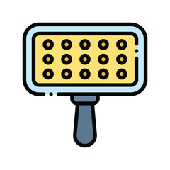 A rectangular pet brush with rounded corners and a handle The brush head is yellow with orange dots