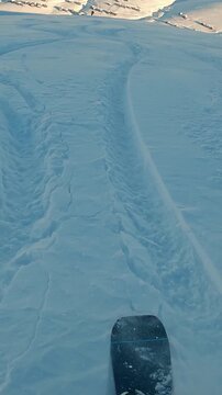 Freeride skiing down the untouched terrain of a remote mountain in wilderness. Riding in fresh powder snow