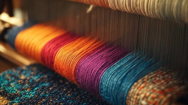Close-up of a loom creating fabric with multicolored threads, showcasing texture and detail
