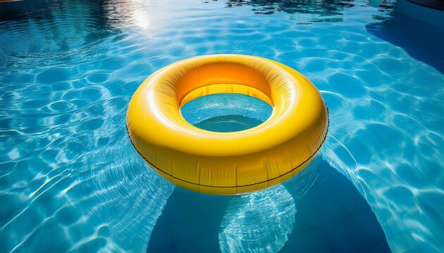 bright yellow inflatable ring floating in clear blue swimming pool water perfect for relaxation and summer fun
