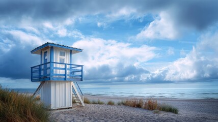 Lone beach hut stands on sandy shore beneath dramatic, overcast sky. Waves gently approach in moody, atmospheric landscape. Cool tones evoke calm introspection. Neural network AI generated