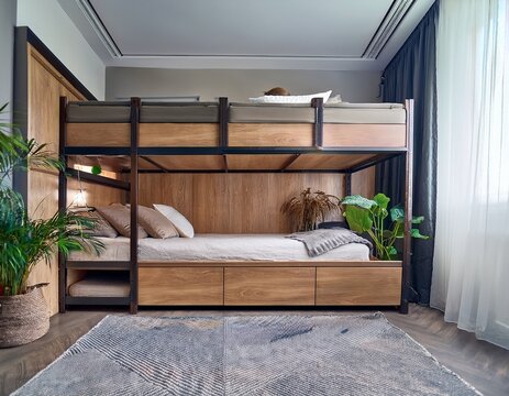 murphy bed folded into a custom built dark oak storage wall bright cozy room plants minimalist decor natural light streaming through a window