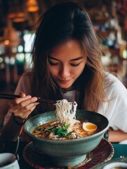 Woman enjoying ramen noodles soup using chopsticks