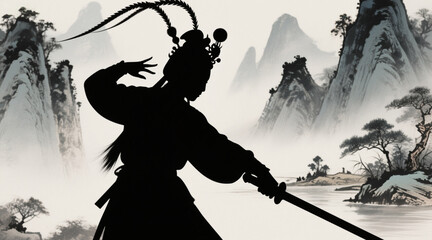 Silhouette of a Chinese opera character, holding a sword sideways, with a heroic posture and a landscape in ink painting background