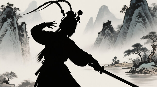 Silhouette of a Chinese opera character, holding a sword sideways, with a heroic posture and a landscape in ink painting background