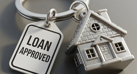 Home Loan Approved Concept: A miniature house sits alongside a loan approved tag on a keychain, symbolizing the attainment of homeownership through a successfully approved loan.