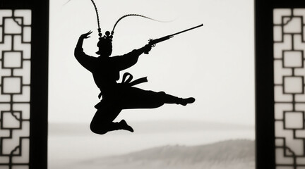 Silhouette of a Chinese opera warrior leaping with a gun, beautiful oriental artistic conception