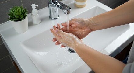 A person washing their hands under running water from a modern chrome faucet in a white bathroom sink, with a small green plant nearby