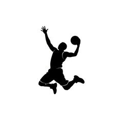 Obraz premium Dynamic Silhouette of a Basketball Player Jumping to Shoot, Isolated Against a White Background, Illustrating Action, Sport, and Fitness in a Powerful Graphic Design