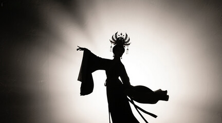 Silhouette of an opera character, with an elegant posture on stage and wearing a phoenix crown