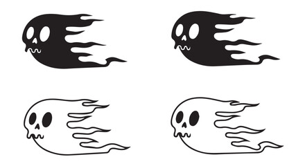 Four cartoon ghosts in motion, two black and two white, isolated on transparent background