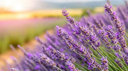 Obraz premium Vibrant lavender flowers bloom in a peaceful field as the sun rises, casting a warm glow over the landscape and creating a soothing atmosphere