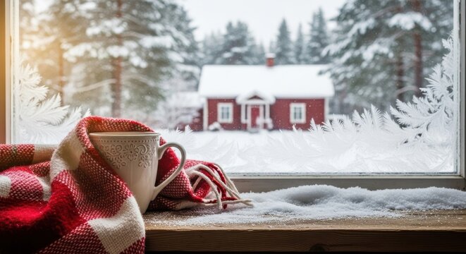 Cozy winter scene with hot beverage near snow covered window - Powered by Adobe