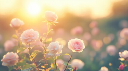 Delicate pink roses open their petals in a tranquil garden illuminated by warm sunlight in the early evening hours