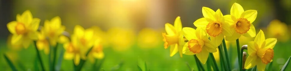 A vibrant cluster of yellow daffodils blooming in a lush green spring meadow, bathed in the warm sunlight Perfect for springtime themes, Easter, and nature imagery , narcissus, closeup, plant