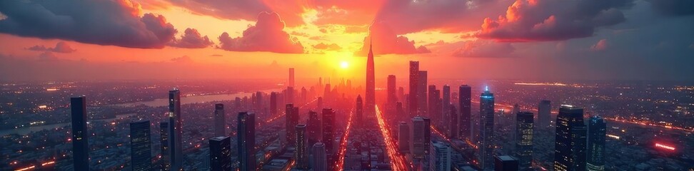 Fototapeta premium Close up of a futuristic cityscape at sunset, reflecting ambition and dreams of a bright future A vibrant, hopeful image representing the pursuit of passion , advancement, energy, development