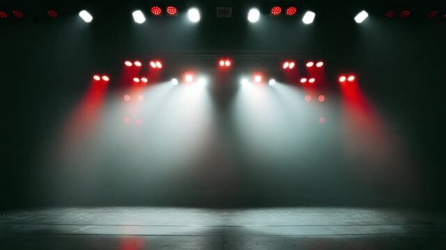 Empty Stage with Red and White Spotlights and Smoke.