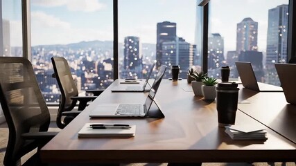 Modern office interior with city view provides a dynamic workspace, ideal for business, technology, and corporate videos needing professional appeal