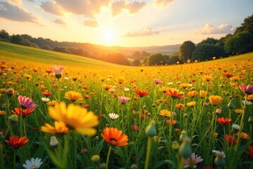 Obraz premium Golden hour sunlight bathes a vast, undulating field of wildflowers in vibrant summer bloom The scene is peaceful and idyllic, perfect for backgrounds or summer themed projects , yellow, idyllic