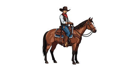 Cartoon illustration of a cowboy with a mustache wearing a hat and vest, riding a saddled brown horse on a white background.