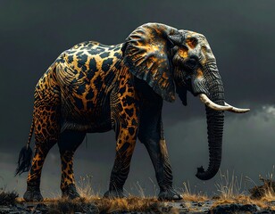 Majestic elephant with glowing, ornate skin stands against a stormy sky