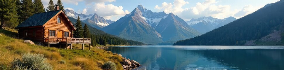 Majestic Colorado mountain range viewed from a secluded lakeside cabin, perfect for a relaxing reservation getaway  Enjoy breathtaking scenery and tranquil atmosphere ,  landscape,  relaxation