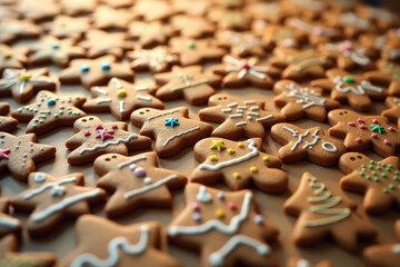 Obraz premium Top view of Christmas gingerbread cookies decorated with icing and sprinkles. Festive holiday flat lay. Traditional New Year dessert.
