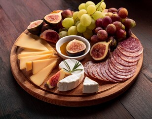 assorted cheese and charcuterie board with grapes and figs on wooden platter