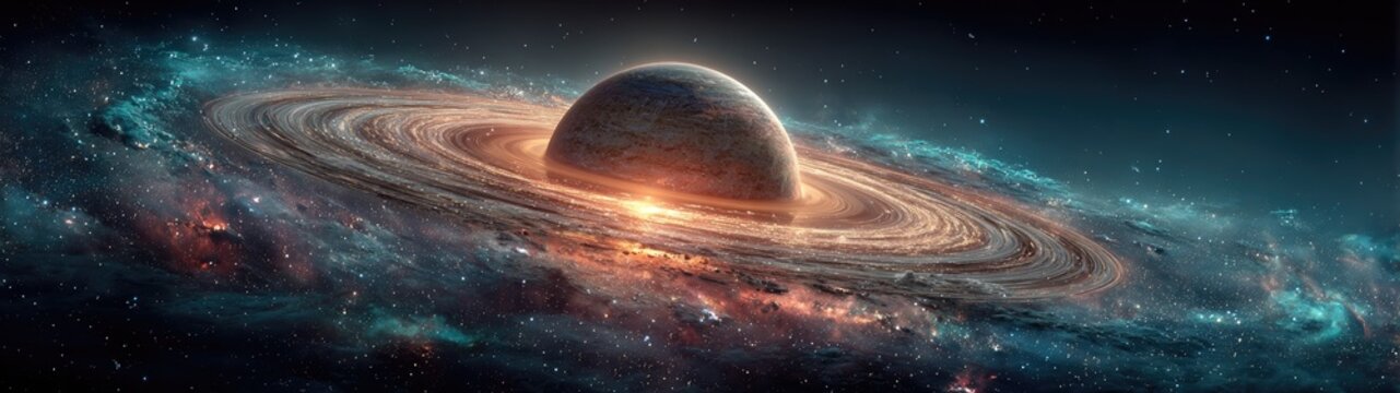 Planet with rings is surrounded by cosmic dust and glowing nebula. Perfect for science, astronomy, or educational projects imagery needs.