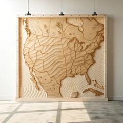 Topographic map concept created with real sand textures and contour lines, photographed from above in minimal studio lighting, educational geography background