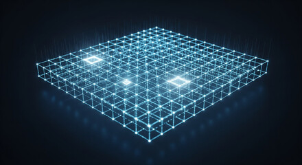 Dynamic glowing digital grid network with data points, representing AI and future technology.