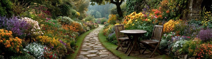 Obraz premium A colorful garden surrounds a stone path and a wooden table with chairs. Use for promoting relaxing scenes or spring & summer landscapes.