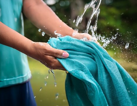 hands wring vibrant turquoise cloth during a simple washing process splashes of water creating a fresh and clean image