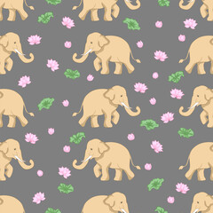 Seamless pattern of elephants and pink lotus flowers perfect for fabric and print design.