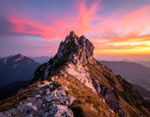 Majestic mountain peak at dawn with vibrant orange and pink sky