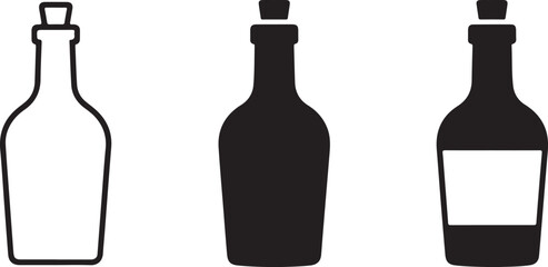 Three stylized bottle icons with stoppers and label silhouette black